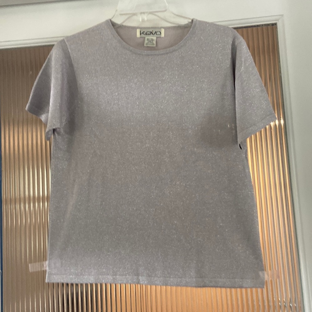 Size medium sweater set. The fabric is a metallic silver, 80% silk and 20% lurex